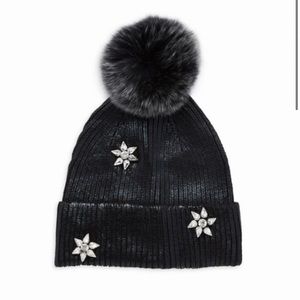 GLAMOURPUSS METALLIC KNIT HAT WITH CRYSTALS AND FOX FUR POM POM OS